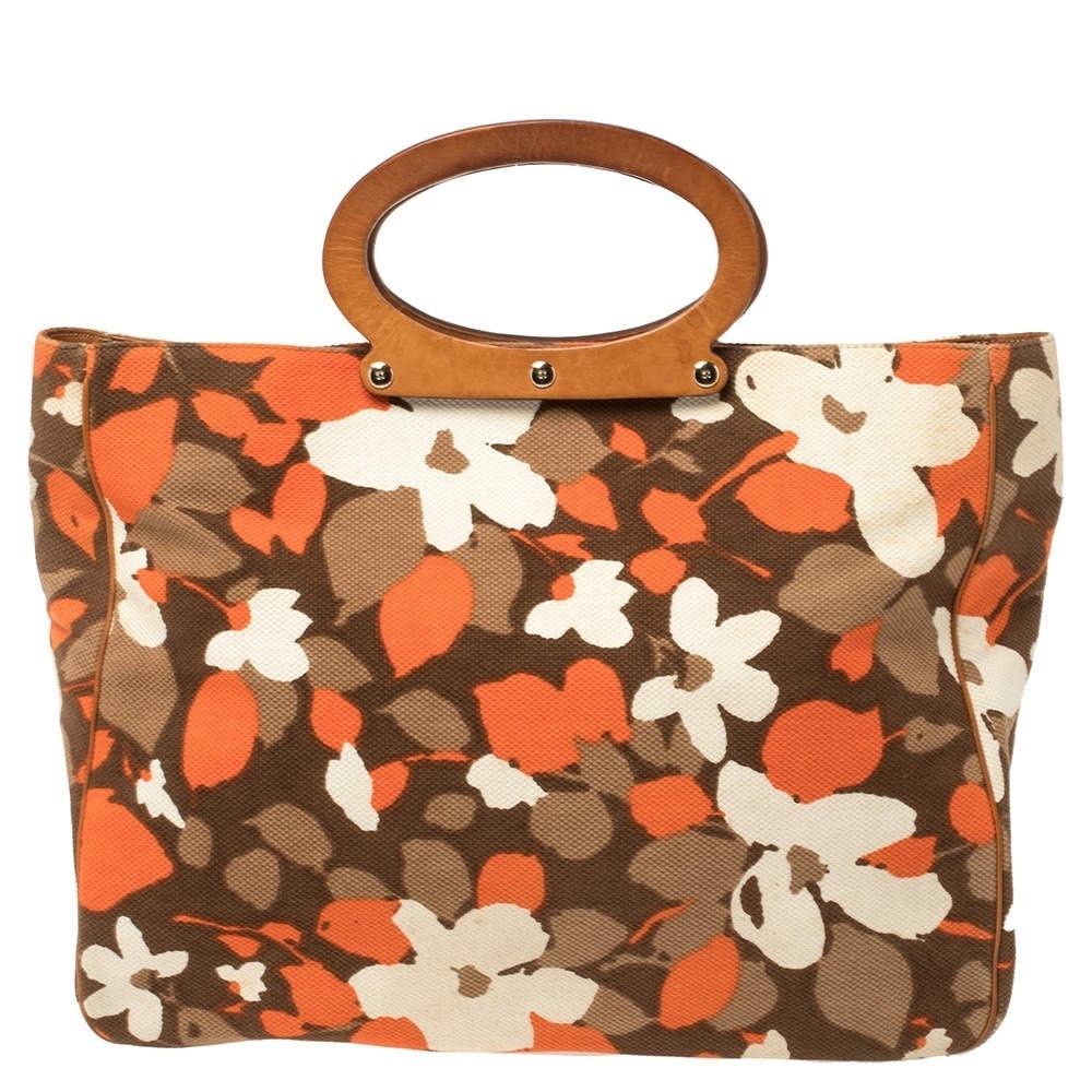 kate spade vintage Brown Orange Cream Floral Canvas Tote with Leather handles!